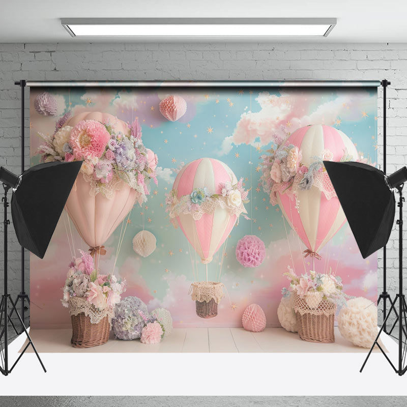 Lofaris Blue Sky Floral Hot Air Balloon Cake Smash Backdrop