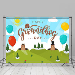 Lofaris Blue Sky Green Hill Balloon Groundhog Day Backdrop