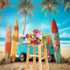 Lofaris Blue Sky Holiday Bus Beach Surboard Summer Backdrop