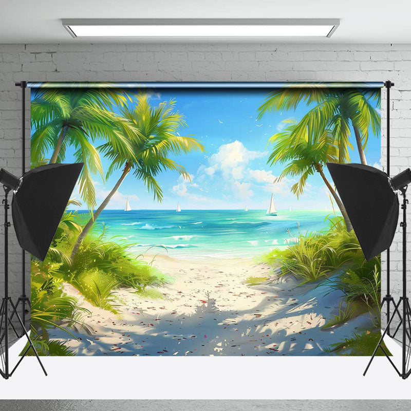 Lofaris Blue Sky Sea Sailboat Beach Tree Summer Backdrop