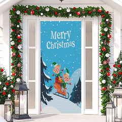 Lofaris Blue Sky Snowy Forest Elf Merry Christmas Door Cover