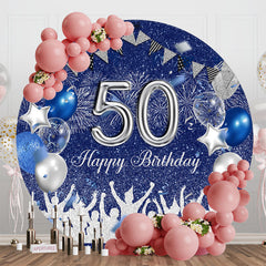 Lofaris Blue Sliver Balloon Round 50Th Birthday Backdrop