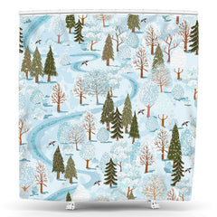 Lofaris Blue Snowy Forest Trees Christmas Shower Curtain