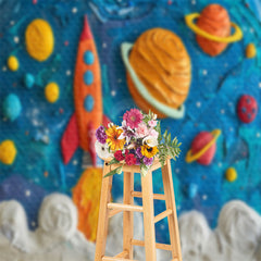 Lofaris Blue Space Planet Rocket Birthday Backdrop For Photo