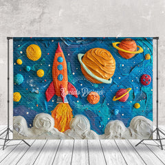 Lofaris Blue Space Planet Rocket Birthday Backdrop For Photo