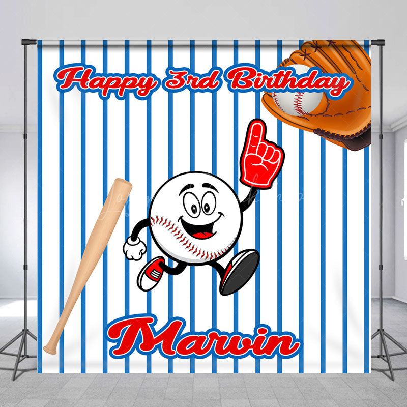 Lofaris Blue Stripe Baseball Custom 3rd Birthday Backdrop