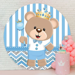 Lofaris Blue Stripes Bear Birthday Round Backdrop Cover