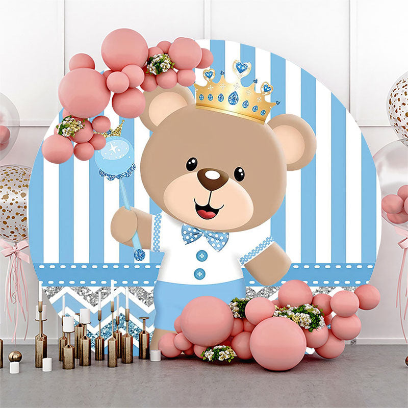 Lofaris Blue Stripes Bear Birthday Round Backdrop Cover