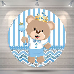 Lofaris Blue Stripes Bear Birthday Round Backdrop Cover