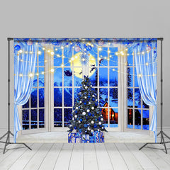 Lofaris Blue Tree Window Moon Sleigh Christmas Backdrop