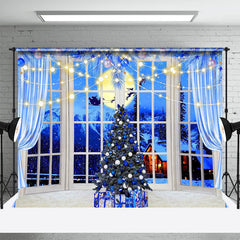 Lofaris Blue Tree Window Moon Sleigh Christmas Backdrop