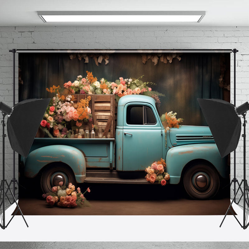 Lofaris Blue Truck Delivery Colorful Floral Photo Backdrop