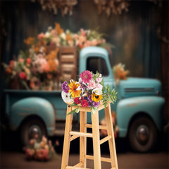 Lofaris Blue Truck Delivery Colorful Floral Photo Backdrop