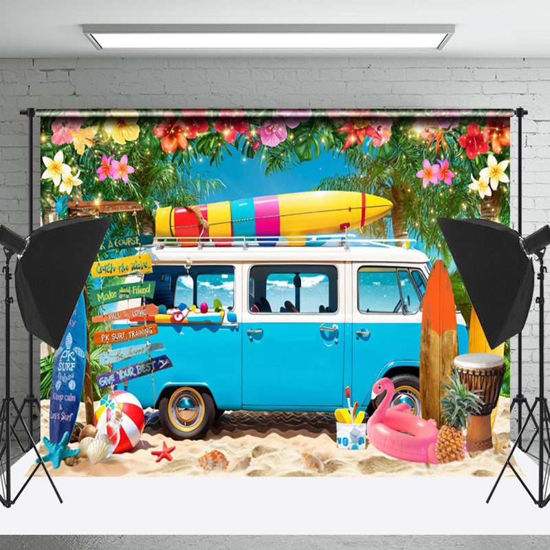 Lofaris Blue Truck Floral Holiday Summer Photo Backdrop