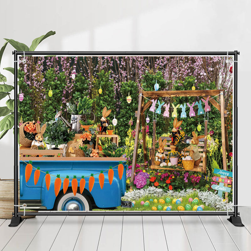 Lofaris Blue Truck Floral Tree Bunny Eggs Easter Backdrop