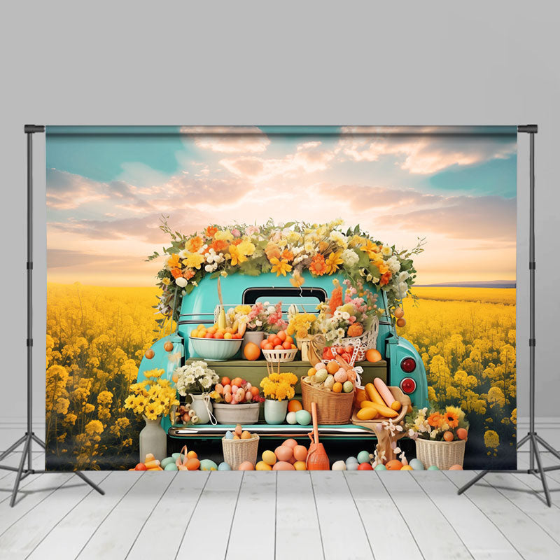 Lofaris Blue Truck Rapeseed Flowers Eggs Easter Backdrop