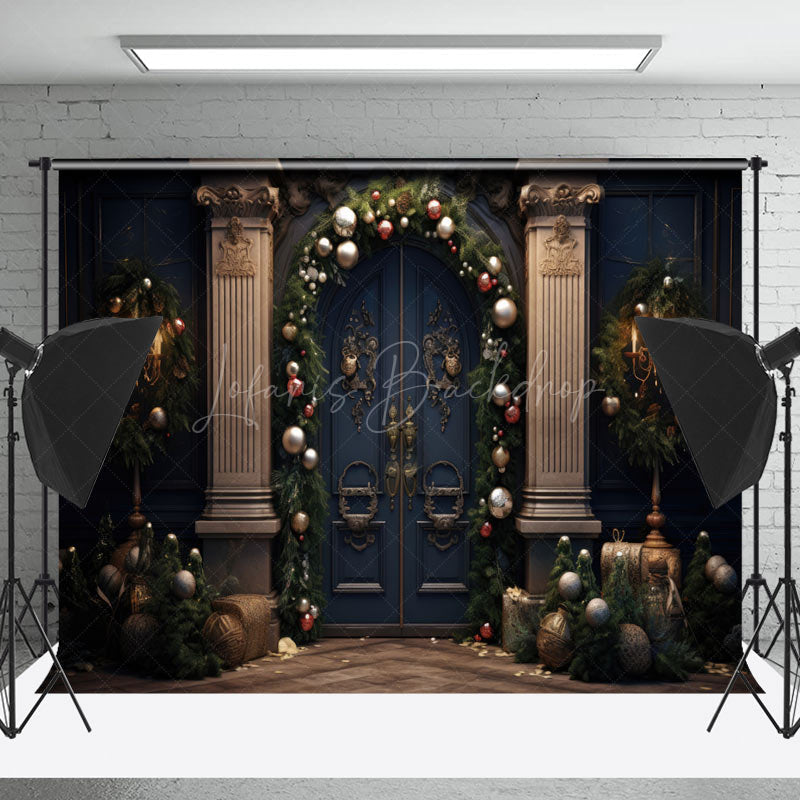 Lofaris Blue Vintage Door Green Leaves Christmas Backdrop