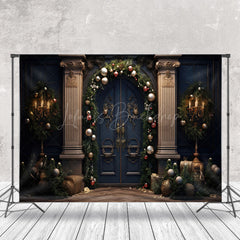 Lofaris Blue Vintage Door Green Leaves Christmas Backdrop