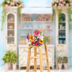 Lofaris Blue Wall Pink Floral Delicate Wood Cupboard Backdrop