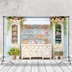 Lofaris Blue Wall Pink Floral Delicate Wood Cupboard Backdrop