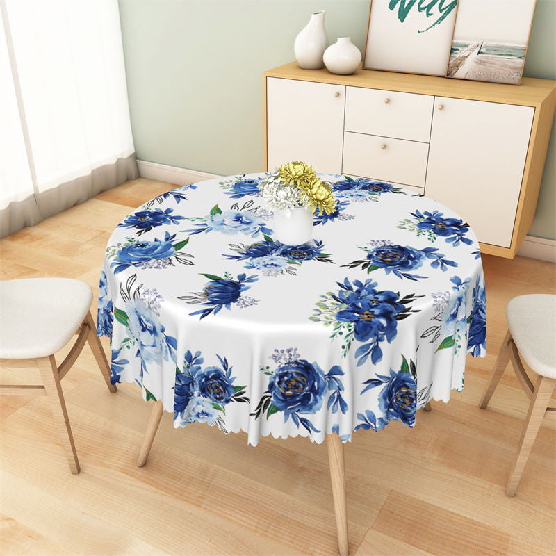 Lofaris Blue Watercolor Floral And Leaves Round Tablecloth