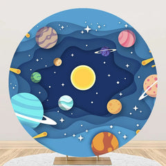 Lofaris Blue Wavy Galaxy Planet Star Round Birthday Backdrop