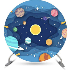 Lofaris Blue Wavy Galaxy Planet Star Round Birthday Backdrop