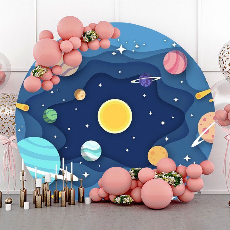 Lofaris Blue Wavy Galaxy Planet Star Round Birthday Backdrop