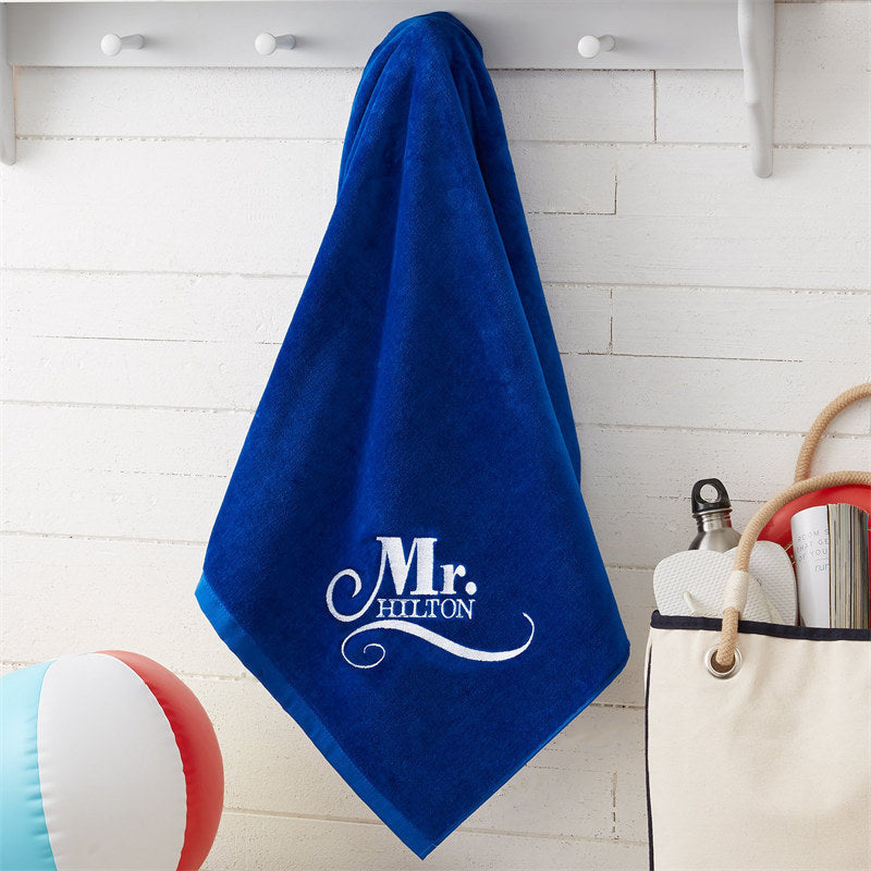 Lofaris Blue Wedding Bridal Couple Embroidered Beach Towel