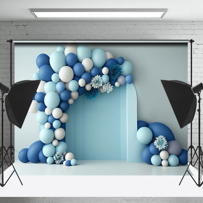 Lofaris Blue White Balloon Floral Birthday Cake Smash Backdrop