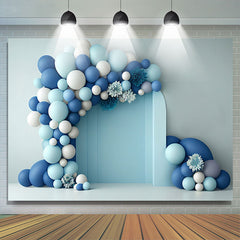 Lofaris Blue White Balloon Floral Birthday Cake Smash Backdrop