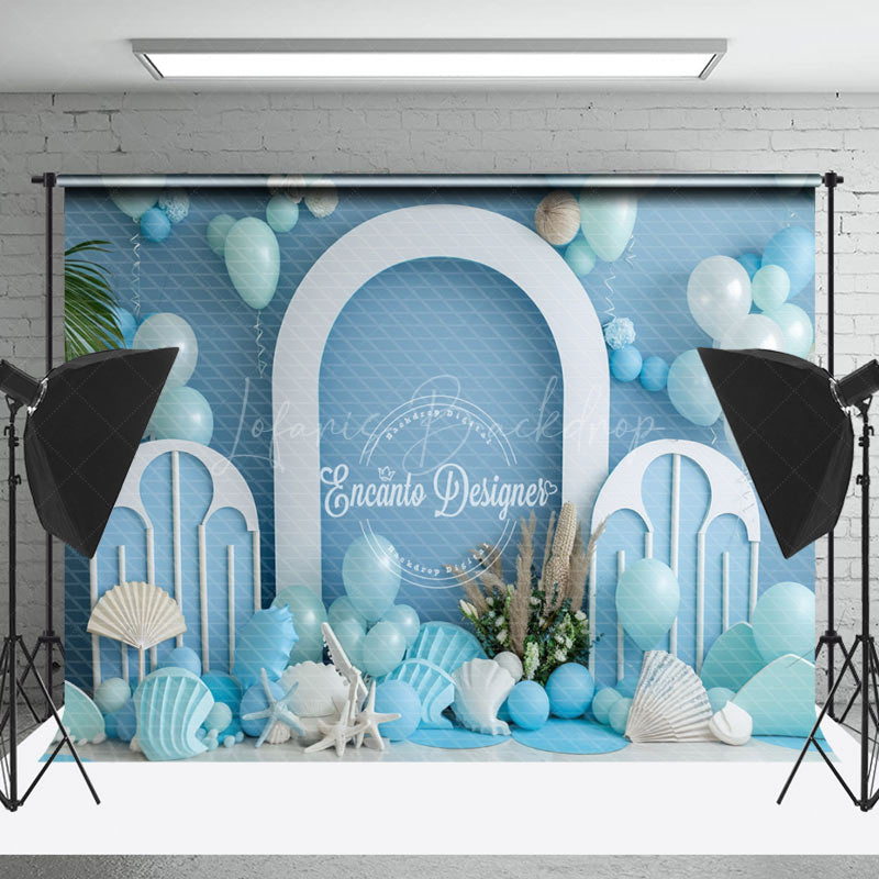 Lofaris Blue White Balloon Summer Beach Cake Smash Backdrop