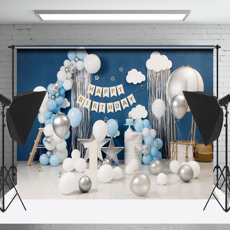 Lofaris Blue White Balloons 1st Birthday Cake Smash Backdrop