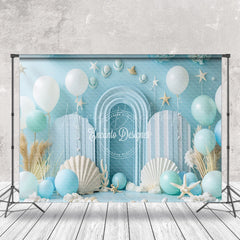 Lofaris Blue White Balloons Shell Summer Cake Smash Backdrop