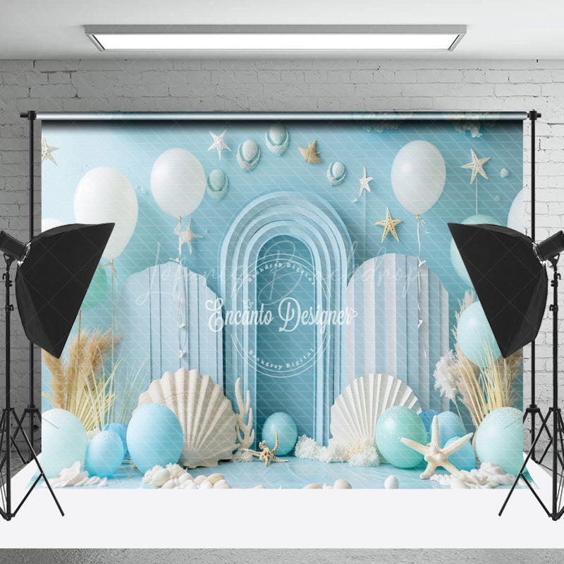 Lofaris Blue White Balloons Shell Summer Cake Smash Backdrop