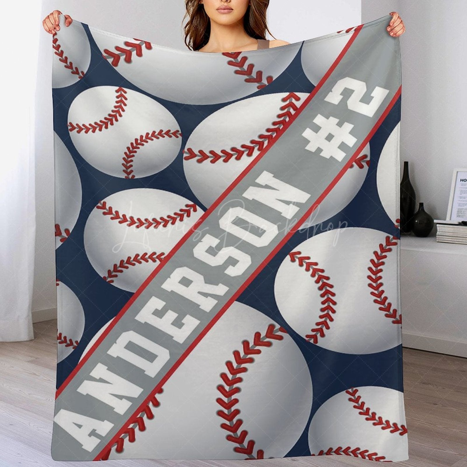 Lofaris Blue White Baseball Sports Personalized Name Blanket