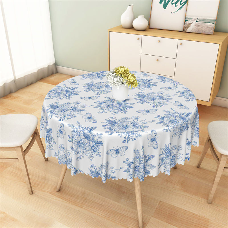 Lofaris Blue White Butterfly Floral Pattern Round Tablecloth