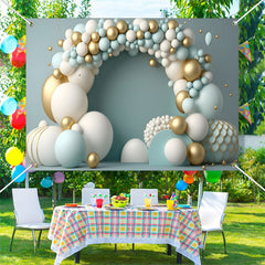 Lofaris Blue White Gold Balloon Birthday Cake Smash Backdrop