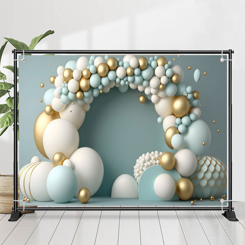 Lofaris Blue White Gold Balloon Birthday Cake Smash Backdrop