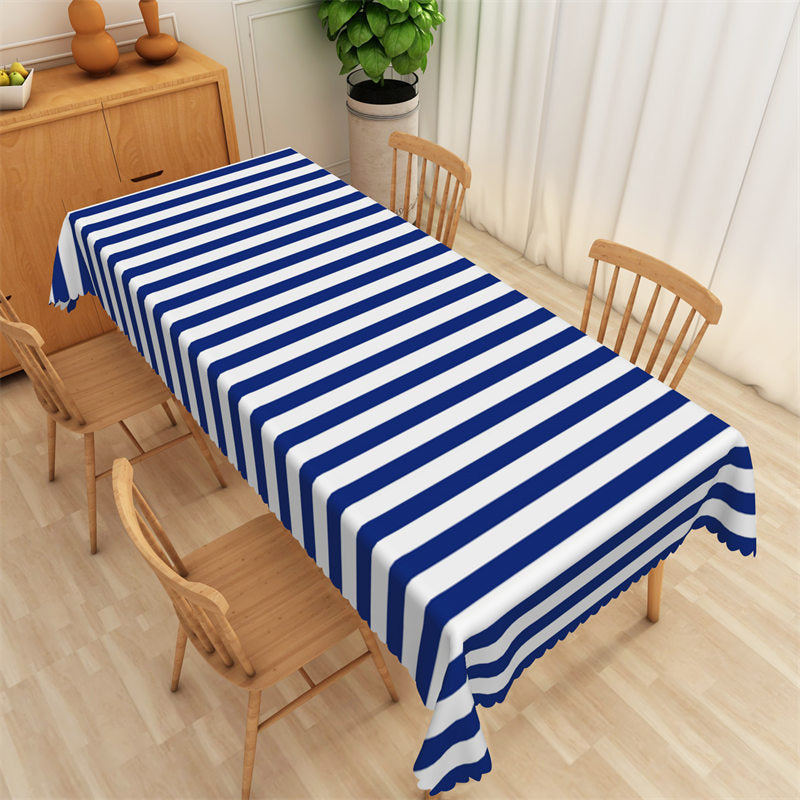 Lofaris Blue White Nautical Horizontal Stripes Tablecloth