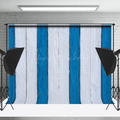 Lofaris Blue White Painted Vertical Stripe Wood Backdrop