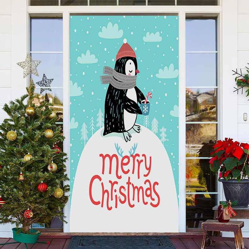 Lofaris Blue White Penguin Snowy Merry Christmas Door Cover