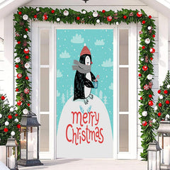 Lofaris Blue White Penguin Snowy Merry Christmas Door Cover