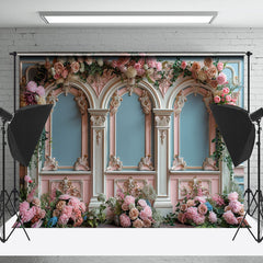 Lofaris Blue White Pink Floral Luxury Retro Wall Backdrop