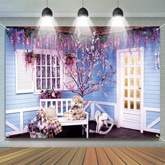 Lofaris Blue Wood House Purple Floral Architecture Backdrop