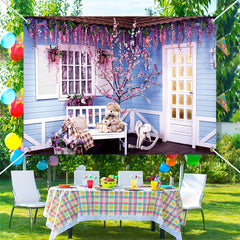 Lofaris Blue Wood House Purple Floral Architecture Backdrop