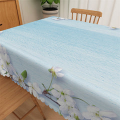 Lofaris Blue Wood Texture White Floral Tablecloth For Kitchen