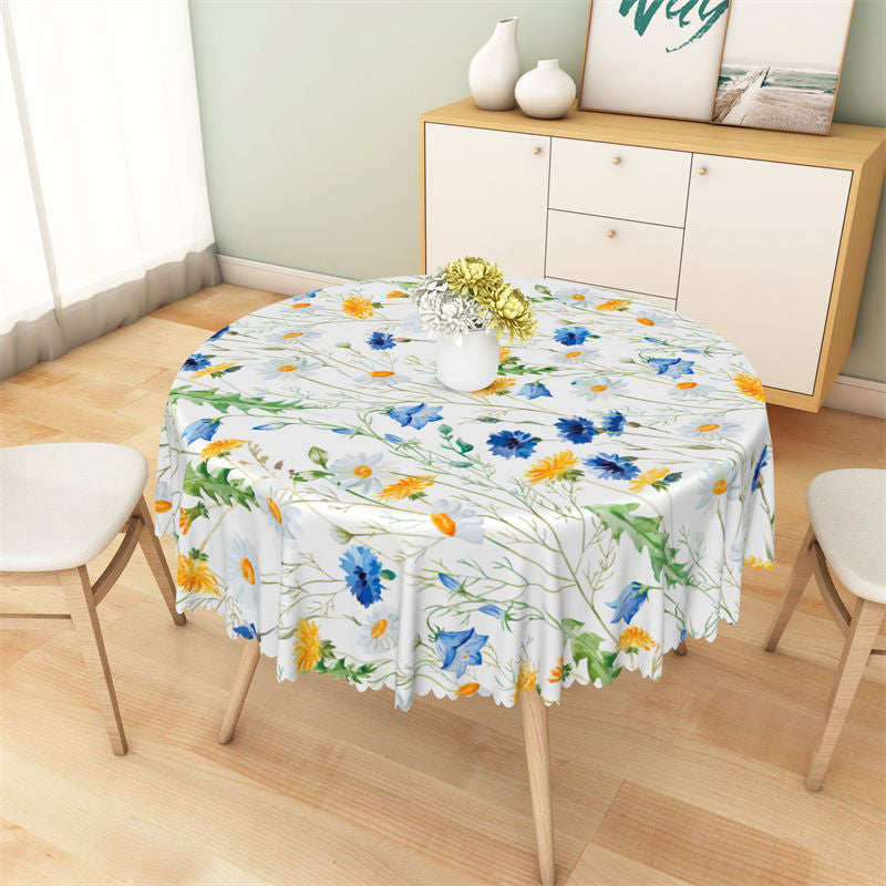 Lofaris Blue Yellow Floral Greenery Spring Round Tablecloth