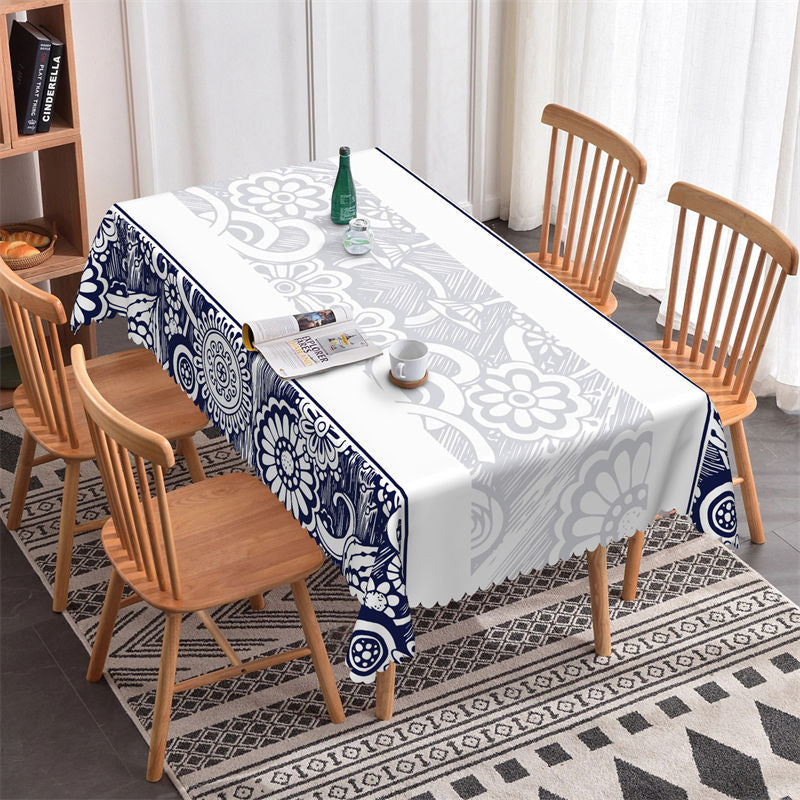 Lofaris Blurred Blue White Flower Pattern Rectangle Tablecloth