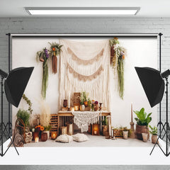 Lofaris Boho Beige Curtain Plant Floral Cake Smash Backdrop